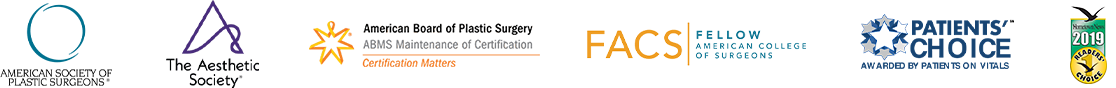 American Society of Plastic Surgeons, The Aesthetic Society, American Board of Plastic Surgery: ABMS Maintenance of Certification (Certification Matters), Fellow American College of Surgeons, Patients' Choice: Awarded by Patients on Vitals, 2019 Reader's Choice.