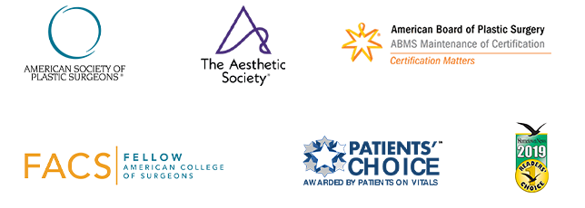 American Society of Plastic Surgeons, The Aesthetic Society, American Board of Plastic Surgery: ABMS Maintenance of Certification (Certification Matters), Fellow American College of Surgeons, Patients' Choice: Awarded by Patients on Vitals, 2019 Reader's Choice.