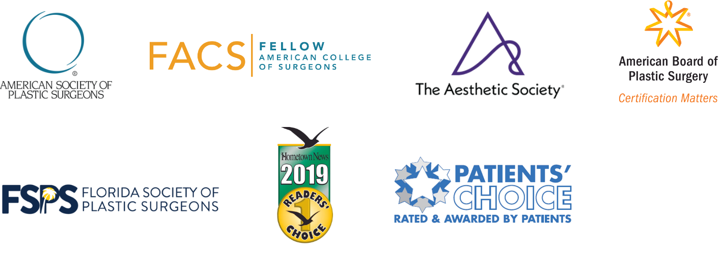 Credential logos including American Society of Plastic Surgeons, Fellow American College of Surgeons, The Aesthetic Society, American Board of Plastic Surgery, Florida Society of Plastic Surgeons, Hometown News Readers' Choice, & Patients' Choice