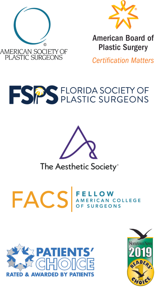 Credential logos including American Society of Plastic Surgeons, Fellow American College of Surgeons, The Aesthetic Society, American Board of Plastic Surgery, Florida Society of Plastic Surgeons, Hometown News Readers' Choice, & Patients' Choice