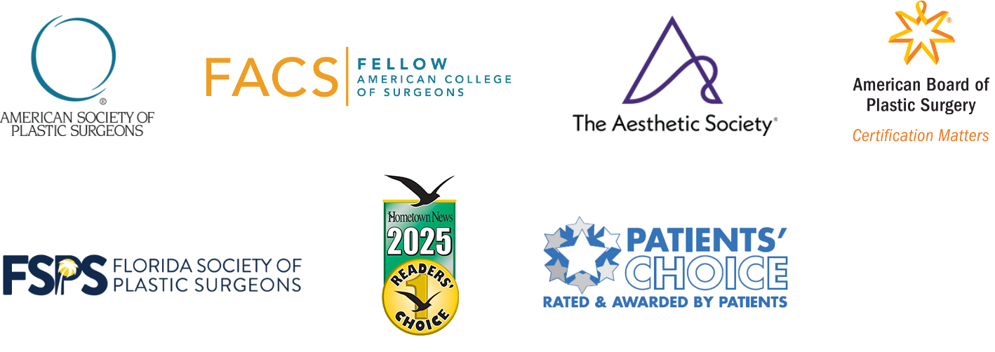 Credential logos including American Society of Plastic Surgeons, Fellow American College of Surgeons, The Aesthetic Society, American Board of Plastic Surgery, Florida Society of Plastic Surgeons, Hometown News Readers' Choice, & Patients' Choice
