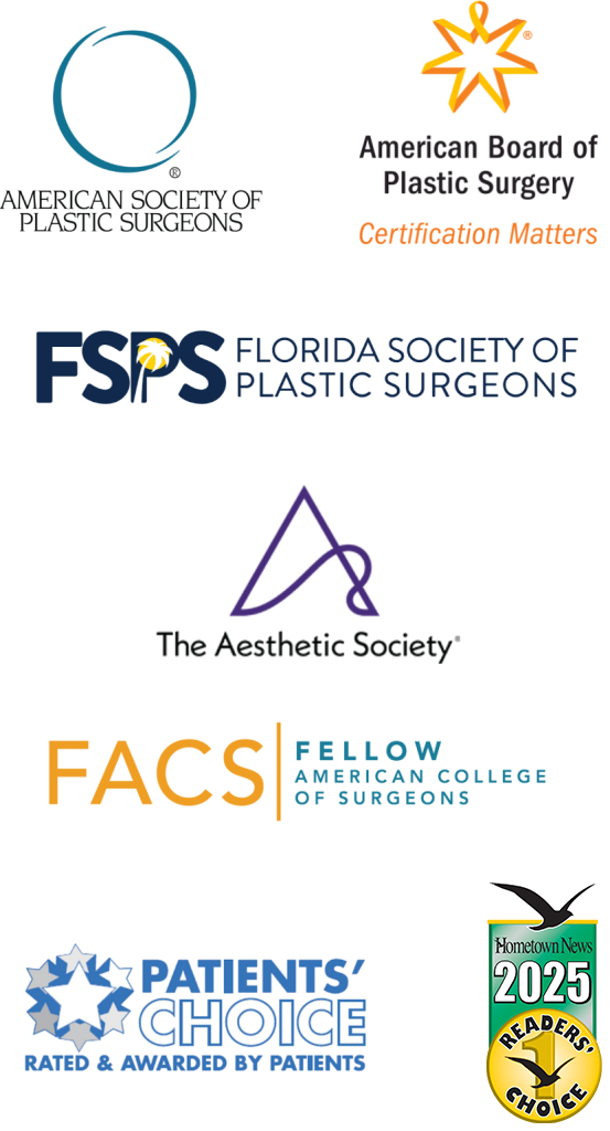 Credential logos including American Society of Plastic Surgeons, Fellow American College of Surgeons, The Aesthetic Society, American Board of Plastic Surgery, Florida Society of Plastic Surgeons, Hometown News Readers' Choice, & Patients' Choice
